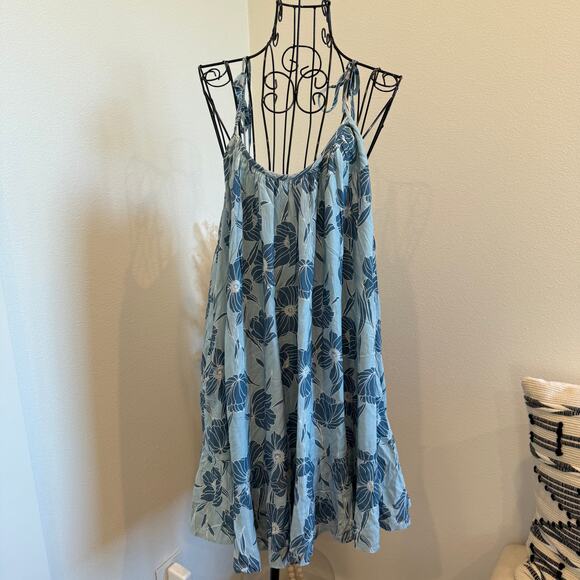 Amuse Society Blue Floral Mini Swing Scoop Neck Cover-up Dress NEW Small-Boho - Picture 1 of 6
